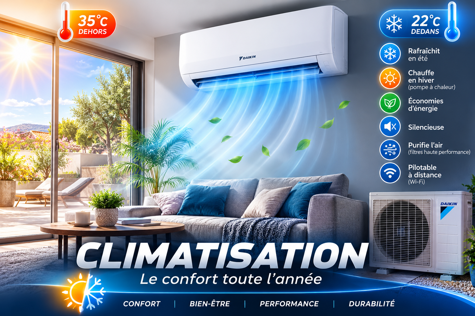 Climatisation réversible Twins System : confort toute l'année, rafraîchit en été, chauffe en hiver grâce à la pompe à chaleur